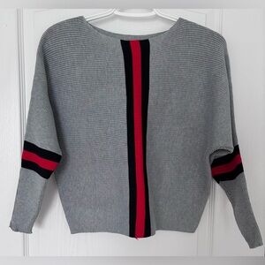 Gray Sweater with Red and Black Stripes